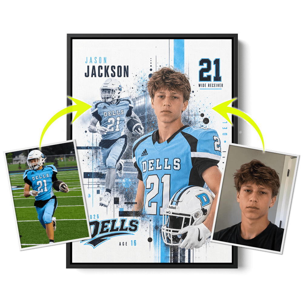 Personalized football poster for Jason Jackson Dells with supporting athlete photos