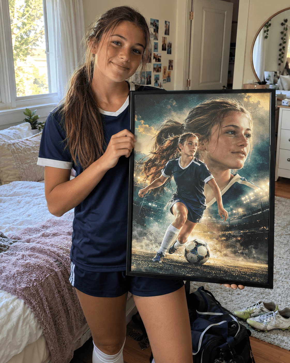 Gina holding her personalized soccer poster
